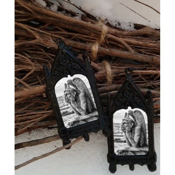 Stone Gargoyle Thinking Earrings - Gothic Dangle Drop Jewelry CathedralSculpture - Picture 2 of 2
